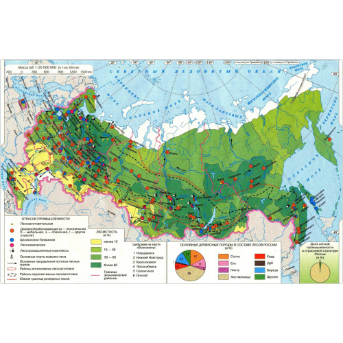 Карта учебная Лесная промышленность России 100х140