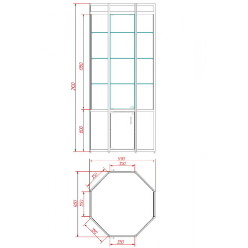 Витрина восьмигранная музейная на тумбе, 930х930х2100 мм, ЛДСП/стекло, белый