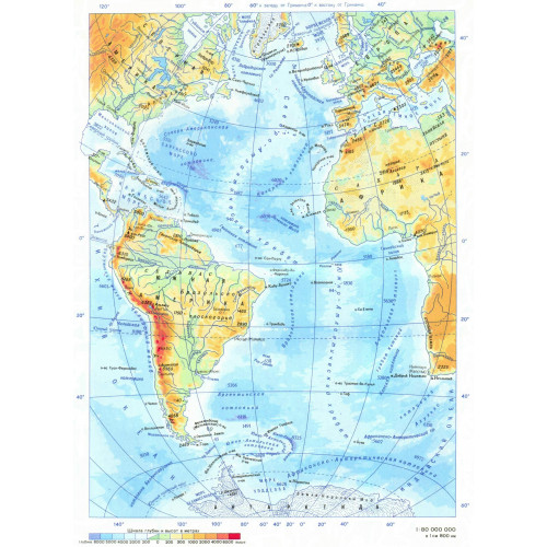 Карта учебная Атлантический океан. Физическая карта 70х100