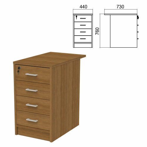 Тумба приставная Арго, 440х730х760 мм, 4 ящика, замок, орех (КОМПЛЕКТ)