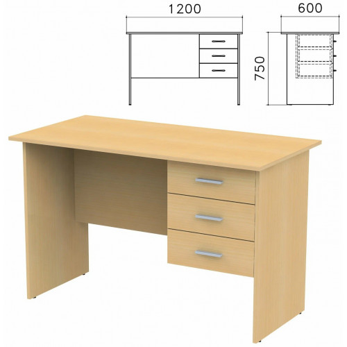 Стол письменный Канц, 1200х600х750 мм, тумба 3 ящика, цвет бук невский, СК27.10