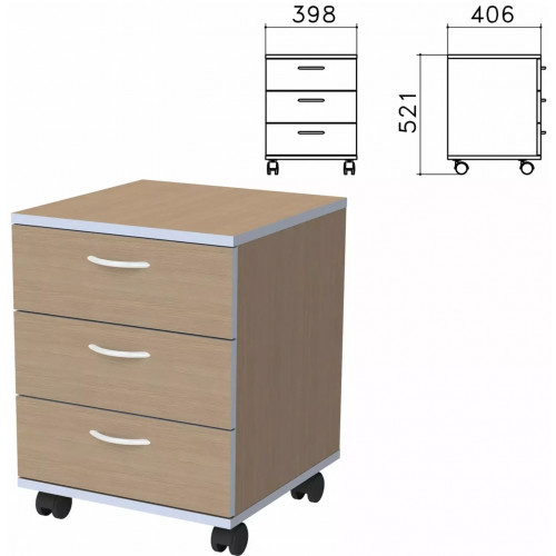 Тумба подкатная Бюджет, 398х406х521 мм, 3 ящика, орех онтарио, 402952-160