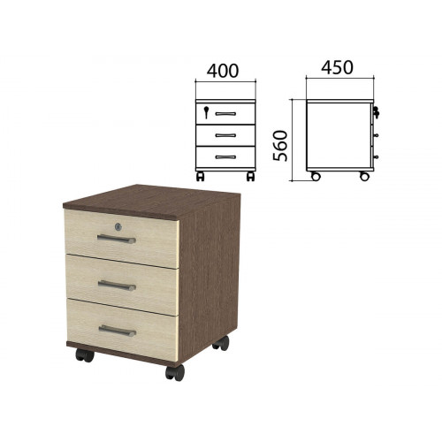 Тумба подкатная Канц, 400х450х560 мм, 3 ящика, замок, цвет венге/дуб молочный (КОМПЛЕКТ)
